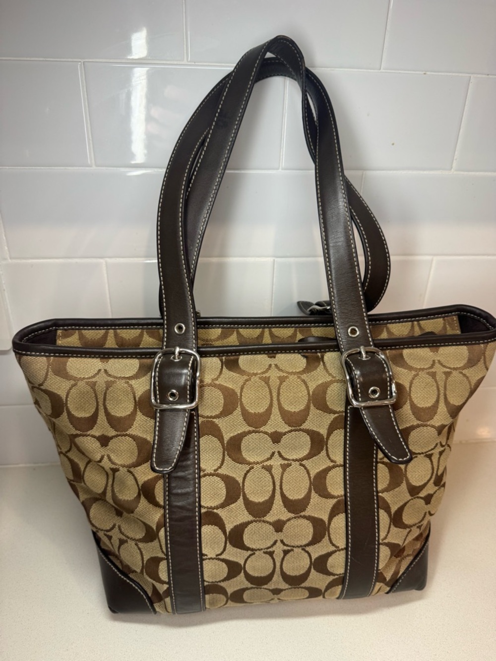 Coach Tan and Brown Signature Canvas Tote